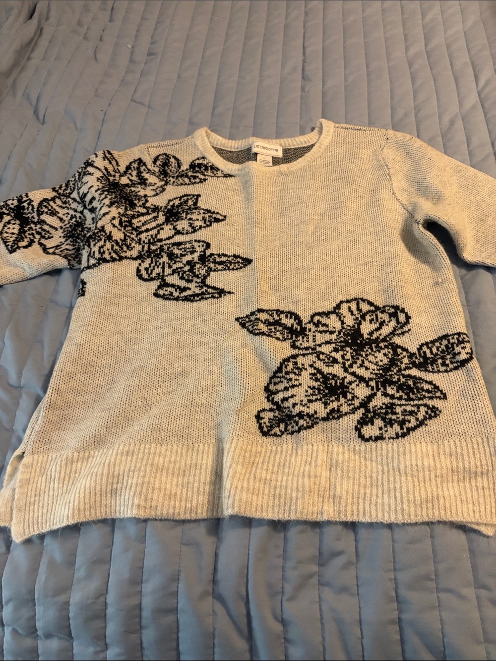 Liz Claiborne Cream Crewneck Sweater with Black Floral Accents
